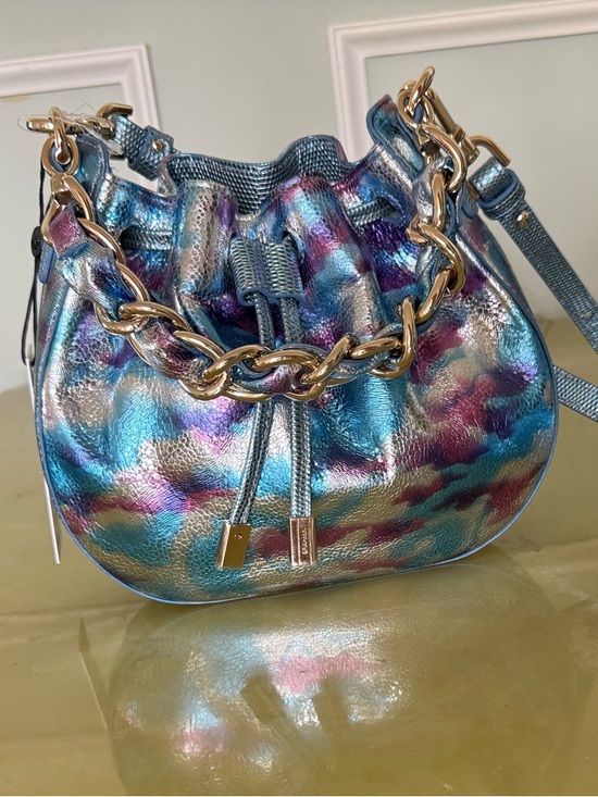 Brahmin Handbags - Silver Blue-Pink Drawstring Bucket “Eliana” Brahmin Bag with Chain